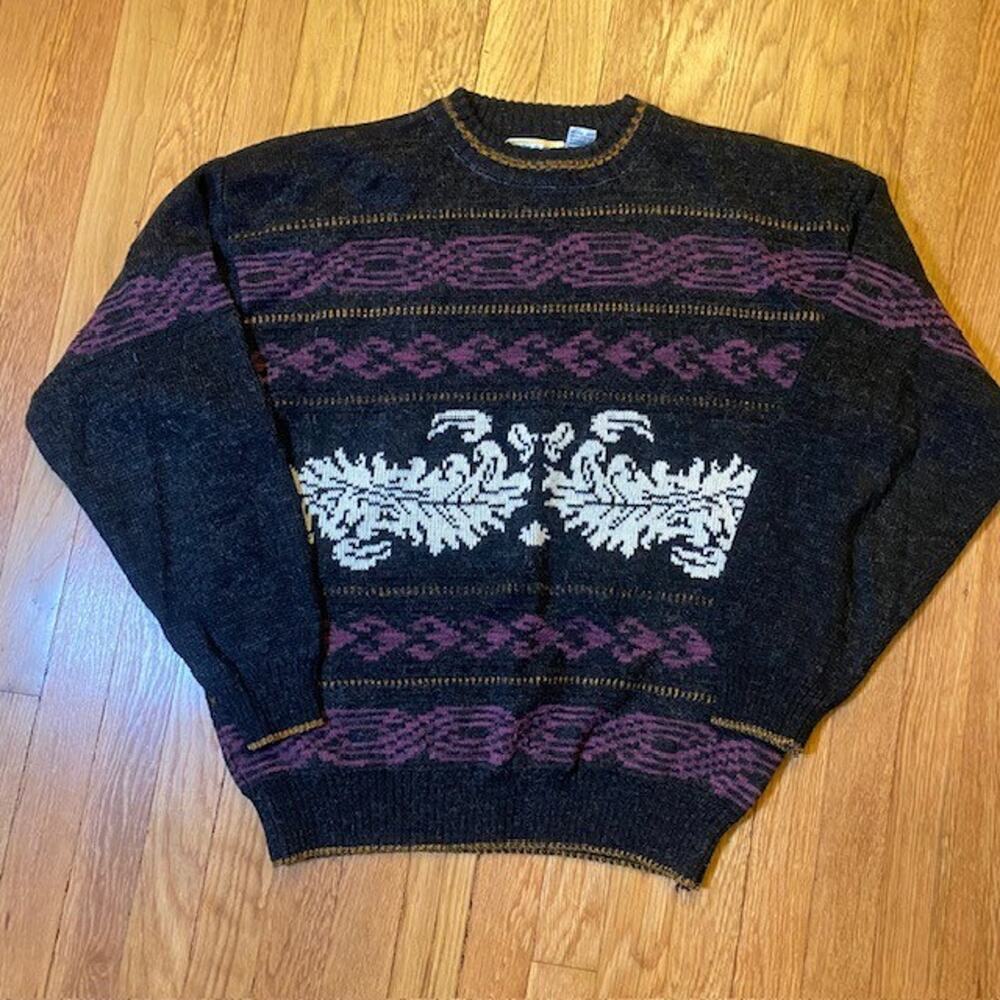 Vintage Adam Sloane Men's Large Wool Blend Fair Isle Print Sweater Grandpa Cosby